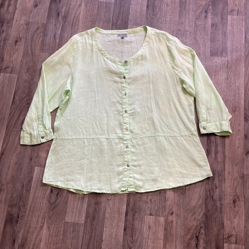 JM Collection Linen Light Green Button Front Blouse Size 18
